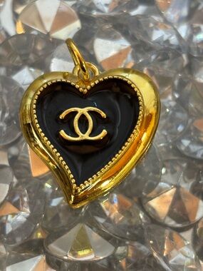 Chanel Up cycled  Elegant Heart Pendant  Gold and Black